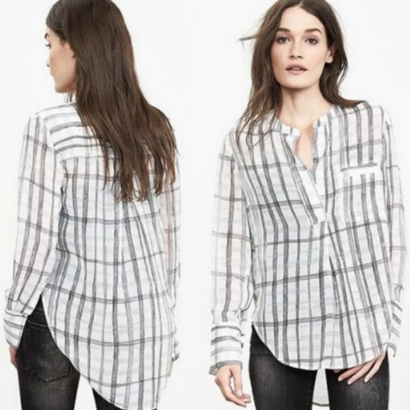 NWT Banana Republic Semi-Sheer Windowpane Pop-over Blouse - Picture 1 of 9